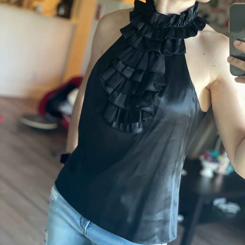 Moda international silk Black Ruffled Women's Top